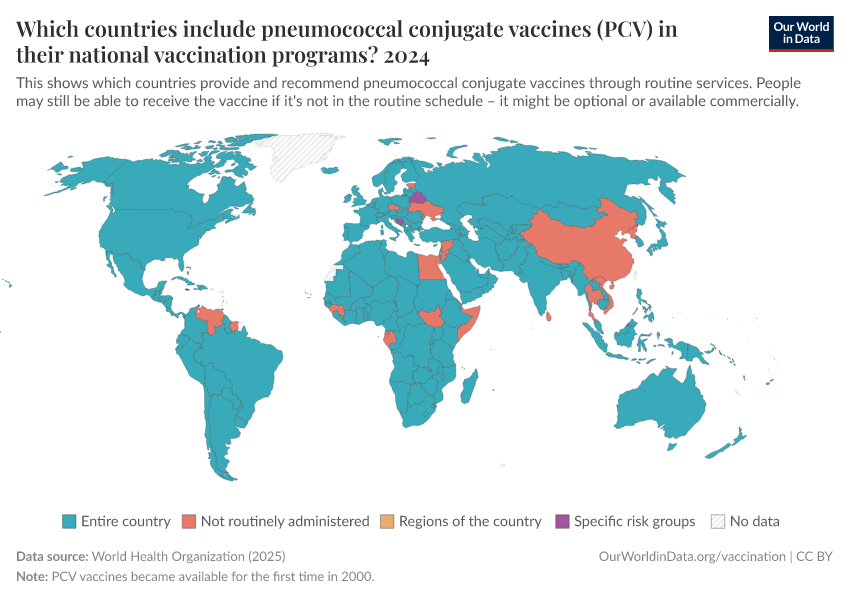 A thumbnail of the "Which countries include pneumococcal conjugate vaccines (PCV) in their national vaccination programs?" chart